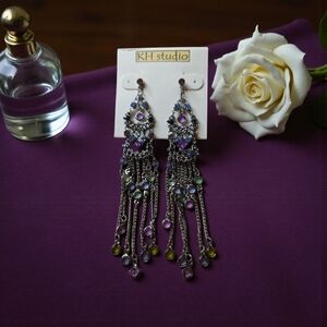 KH Studio Elegant Beaded Silver, Blue, Gold, Green & Purple Chandelier Earrings